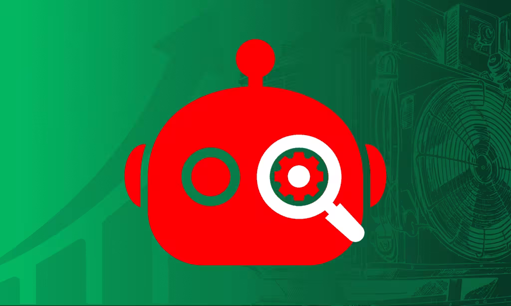 AI search magnifying glass over HVAC system illustration, optimizing for AI visibility for HVAC businesses in the United States.